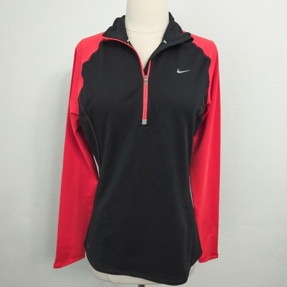 Nike Running Red & Black Dri Fit Mock Neck 1/4 Zip Long Sleeve Top- Women's - Picture 2 of 8